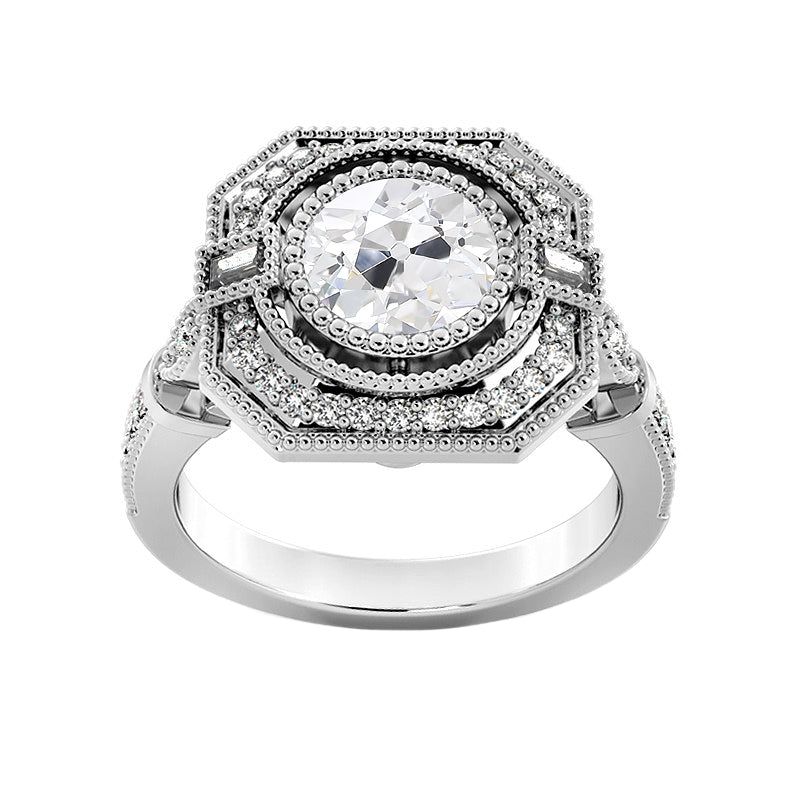 Halo Ring Baguette & Round Old Miner Diamonds 
