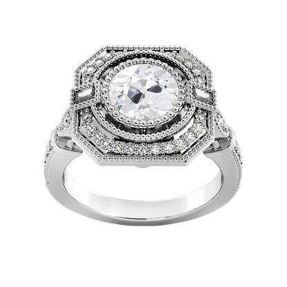 Halo Ring Baguette & Round Old Miner Diamonds 