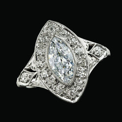 Halo Ring Marquise Old Mine Cut Genuine Natural Earth Mined Diamond Bezel Set Milgrain 6 Carats
