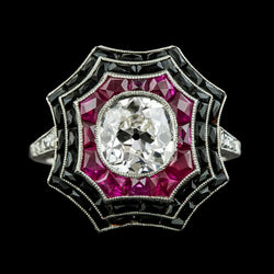Halo Ring Old Cut Diamond Bezel Black Onyx & Pink Sapphires 5 Carats