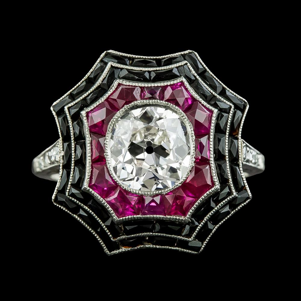 Halo Ring Old Cut Diamond Bezel Black Onyx & Pink Sapphires 