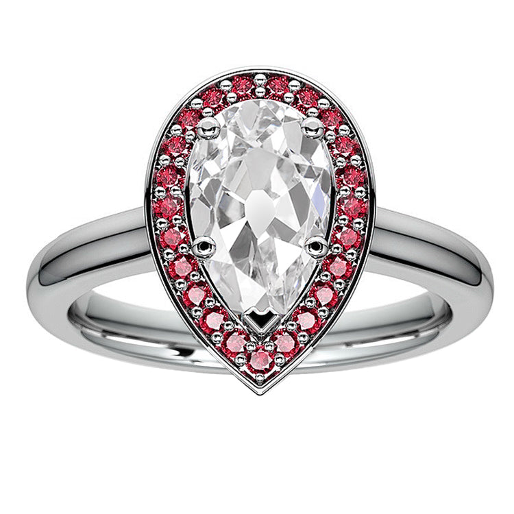 Halo Ring Old Miner Pear Diamond & Round Pink Sapphire 