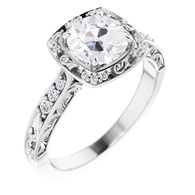 Halo Ring Old Mine Cut Diamond Prong Set