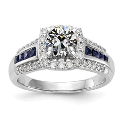 Halo Ring Old Mine Cut Diamond & Princess Blue Sapphires 3.75 Carats