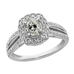 Halo Ring Oval Old Cut Diamond Split Prong Flower Style 5 Carats Gold
