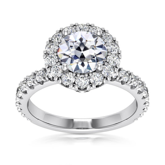 Halo Ring Round Old Cut Diamond Gold Fishtail Set 