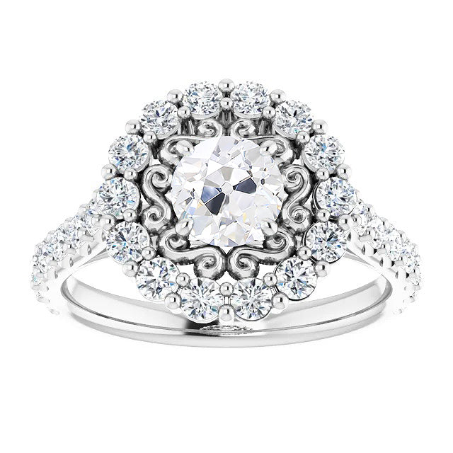 Halo Ring Round Old Miner Diamond Pave Prong Set