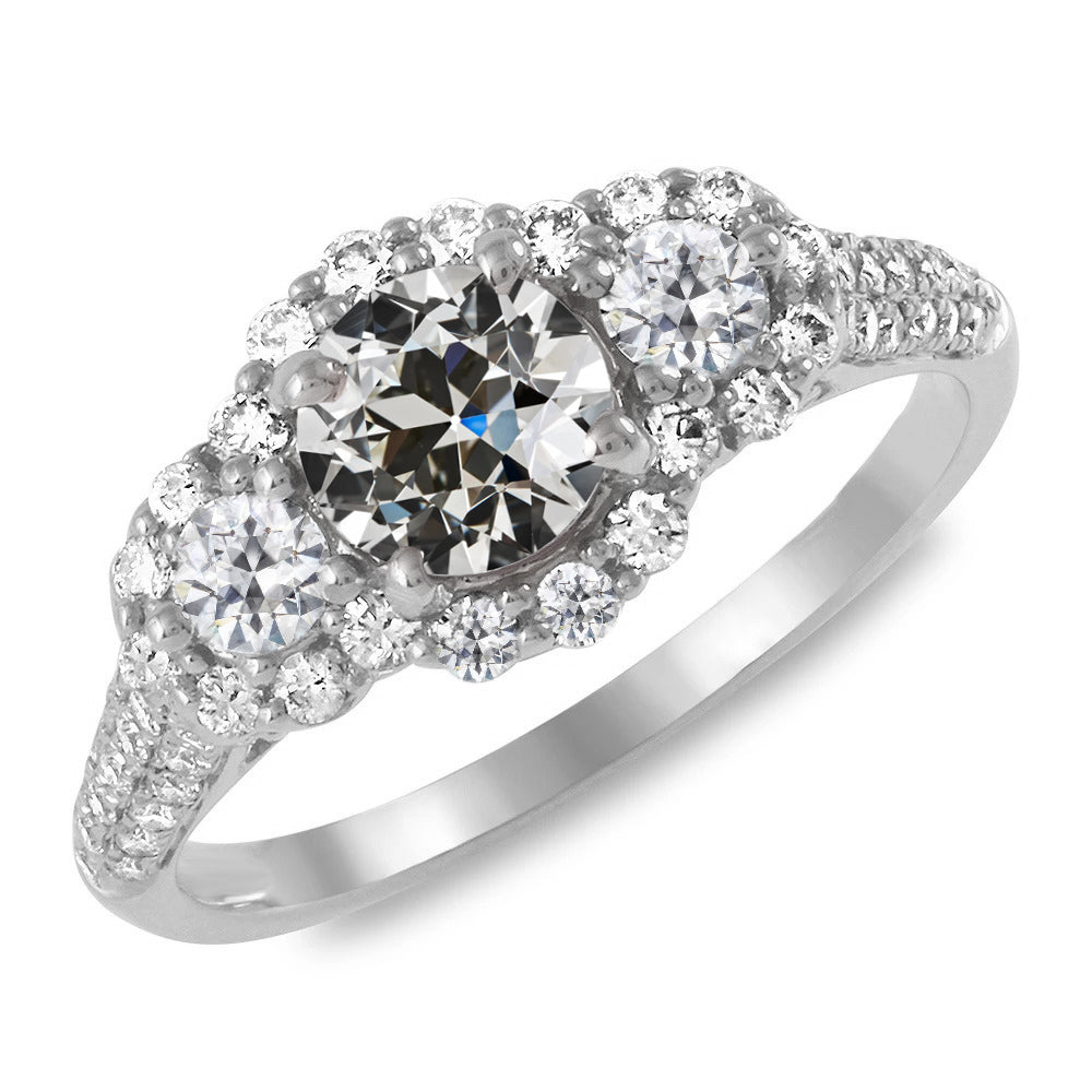 Halo Ring Round Old Mine Cut Diamond Pave Set