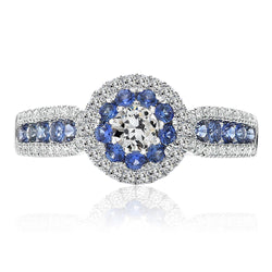 Halo Ring Round Old Miner Natural Earth Mined Diamond & Ceylon Sapphire Ring 7 Carats