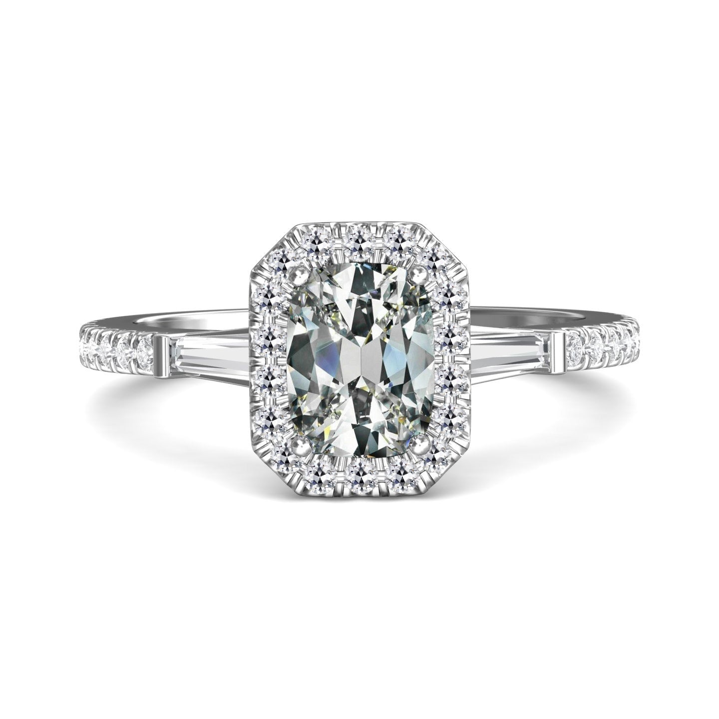 Halo Ring Tapered Baguette & Oval Old Mine Cut Diamond
