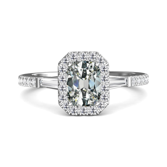 Halo Ring Tapered Baguette & Oval Old Mine Cut Diamond