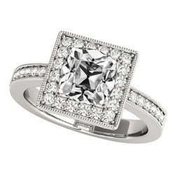 Halo Ring With Accents Cushion Old Mine Cut Diamond White Gold 7.50 Carats