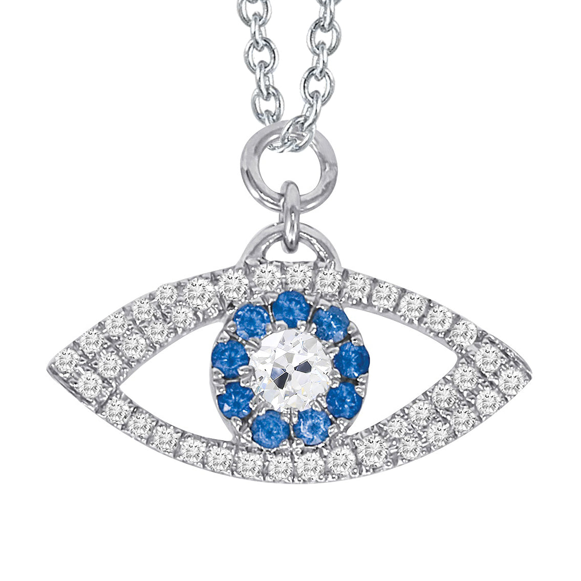 Halo Round Diamond Blue Sapphire Eye Pendant