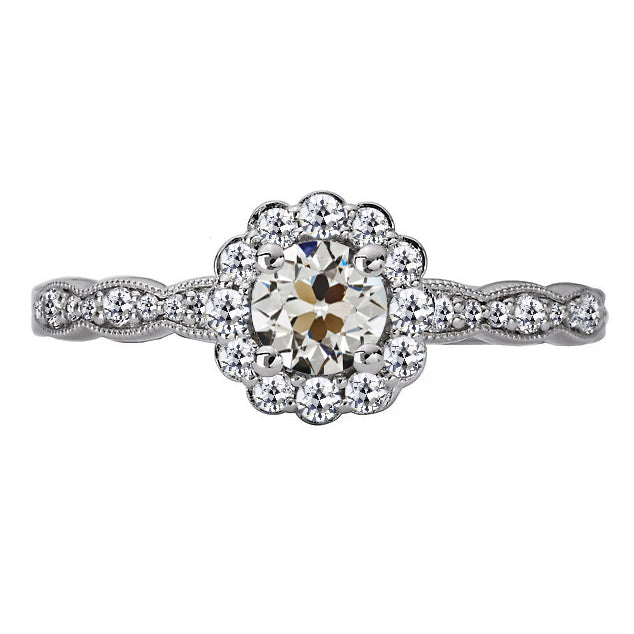 Halo Old Miner Cut Diamond Ring Flower Style