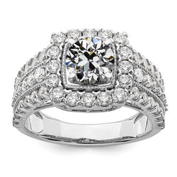 Halo Round Old Cut Diamond Ring With Triple Row Accents 3 Carats