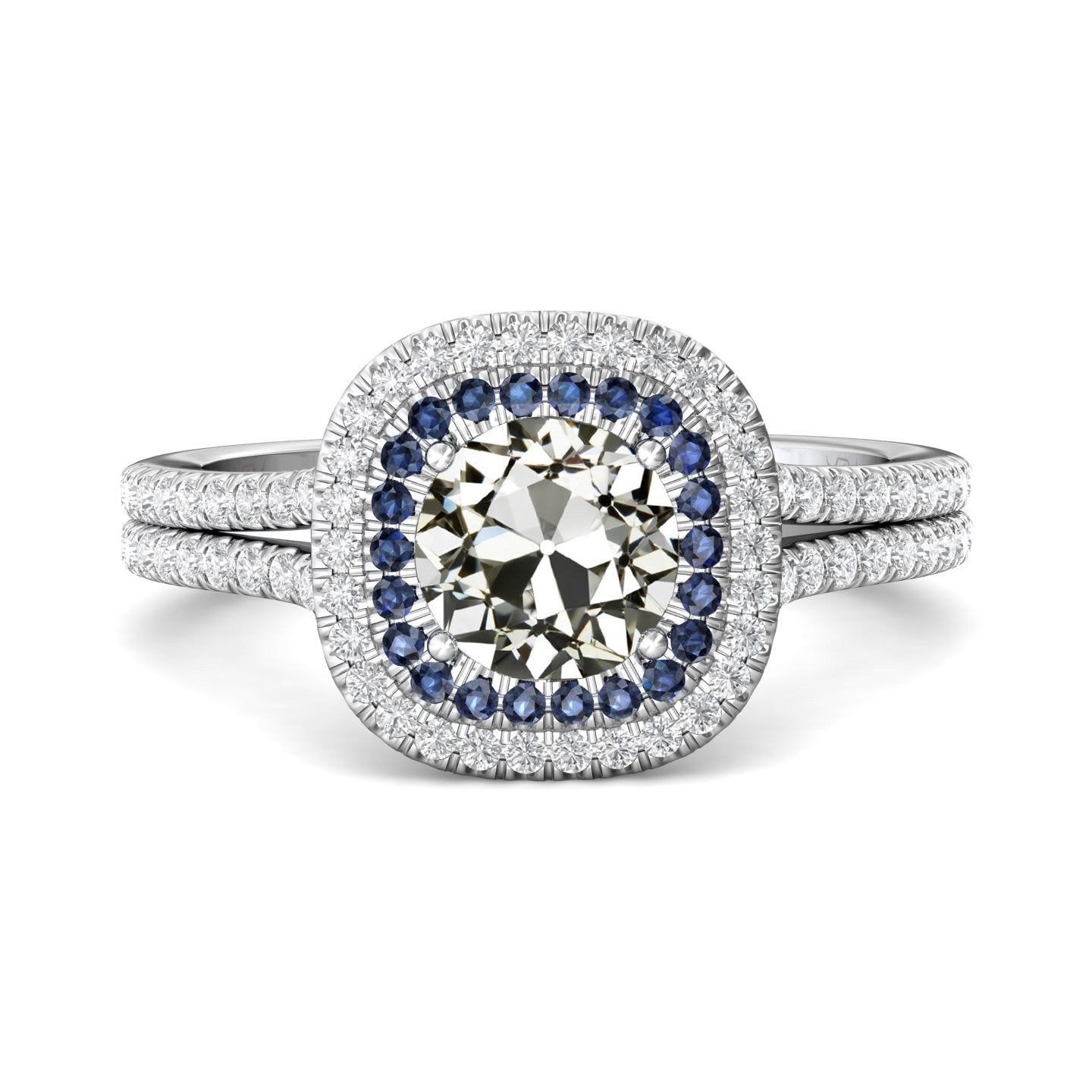 Halo Round Old Cut Diamond & Ceylon Sapphire Ring