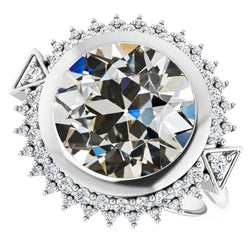 Halo Round Old Mine Cut Diamond Ring Bezel Set Star Style 8 Carats