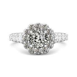 Halo Round Old Mine Cut Diamond Ring Flower Style Gold 6 Carats
