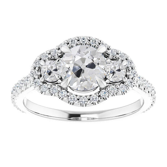 Halo Round Old Miner Diamond Ring 3 Stone