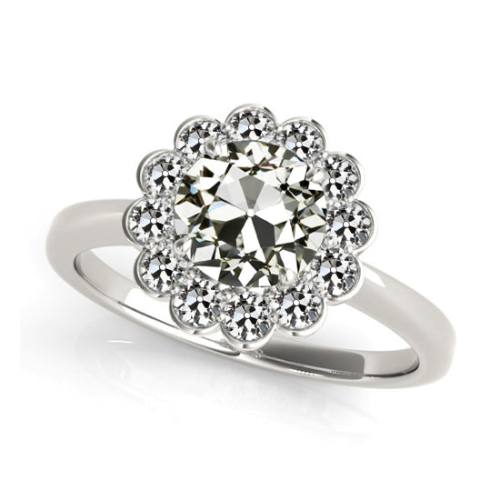 Halo Round Old Miner Diamond Ring Flower Style