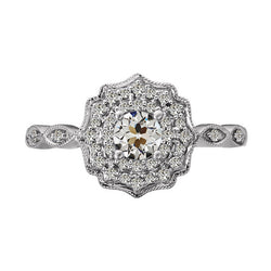 Halo Round Old Miner Natural Earth Mined Diamond Ring Flower Style 14K Gold 3 Carats