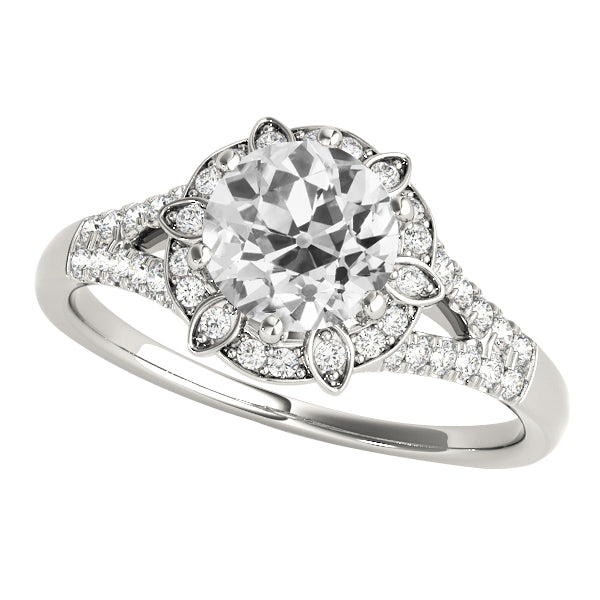 Halo Round Ring Old Miner Diamonds Split Shank 14K Gold 