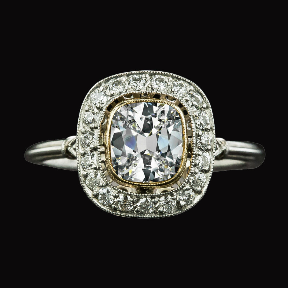 Halo Round & Cushion Old Mine Cut Diamond Ring