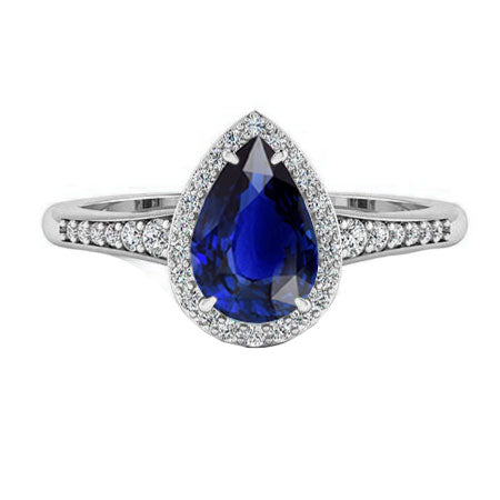 Halo Sapphire Pear Ring 2.50 Ct Prong Set Accents Diamond