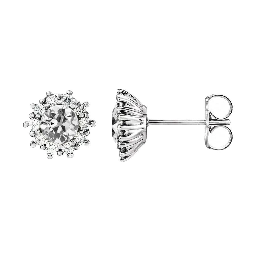 Halo Stud Earrings Old Miner Cut Diamond Flower