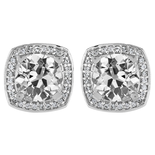 Halo Stud Earrings Round Old Miner Diamond 6 Ct. 14K White Gold