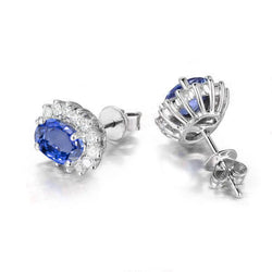 Halo Studs Earrings 14K White 4.10 Carats Sapphire And Diamonds New