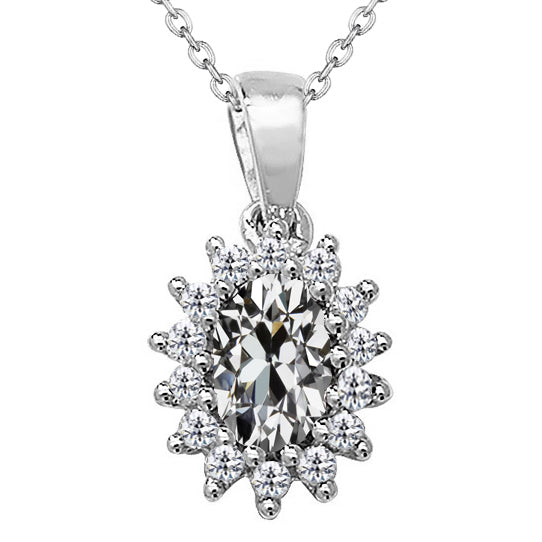 Halo Sun Pendant 4 Carats Oval Old Cut Diamond Jewelry