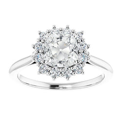 Halo Wedding Ring Cushion Old Mine Cut Diamond Flower Style 7 Carats