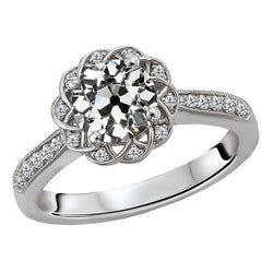 Halo Wedding Ring Round Old Mine Cut Natural Earth Mined Diamond Flower Style 4 Carats