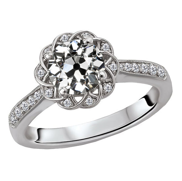 Halo Wedding Ring Round Old Miner Cut Diamond