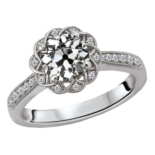 Halo Wedding Ring Round Old Miner Cut Diamond