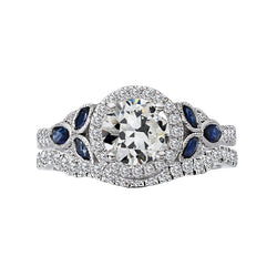 Halo Wedding Ring Set Old Cut Natural Earth Mined Diamond & Marquise Sapphires 6 Carats