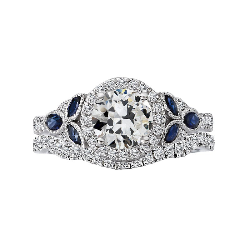 Halo Wedding Ring Set Old Miner Cut Diamond Sapphires