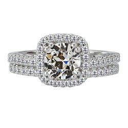 Halo Wedding Ring Set Round Old Mine Cut Diamond 14K Gold 6 Carats