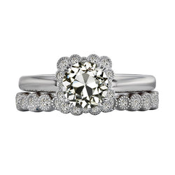 Halo Wedding Ring Set Round Old Mine Cut Diamond 4 Carats Milgrain
