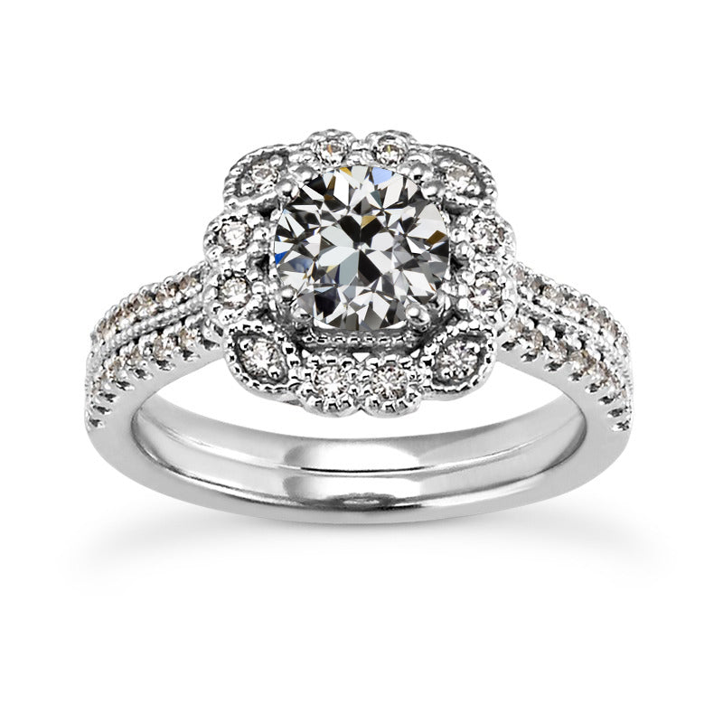 Halo Wedding Ring Set Old Miner Cut Diamond Flower Style