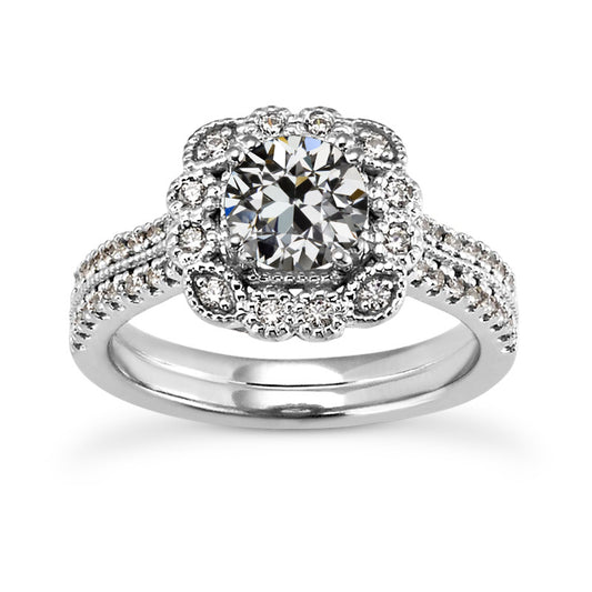 Halo Wedding Ring Set Old Miner Cut Diamond Flower Style