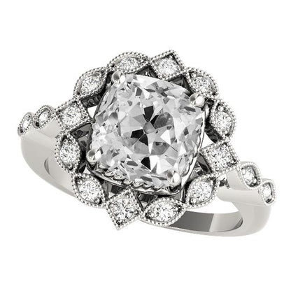 Halo Cushion Old Cut Large Lab Grown Diamond Ring Flower Style 10.50 Carats Milgrain