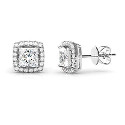 Halo Natural Earth Mined Diamonds Studs Earrings 2.70 Ct. Sparkling Cushion And Round Cut