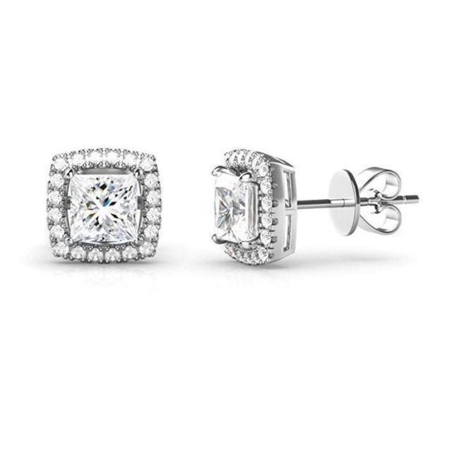 Halo Diamonds Studs Earrings Sparkling Cushion And Round Cut 