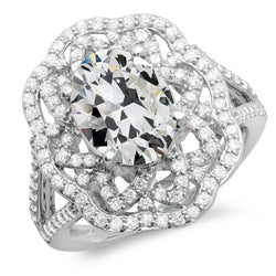 Halo Oval Old Mine Cut Diamond Ring Flower Split Shank 12 Carats