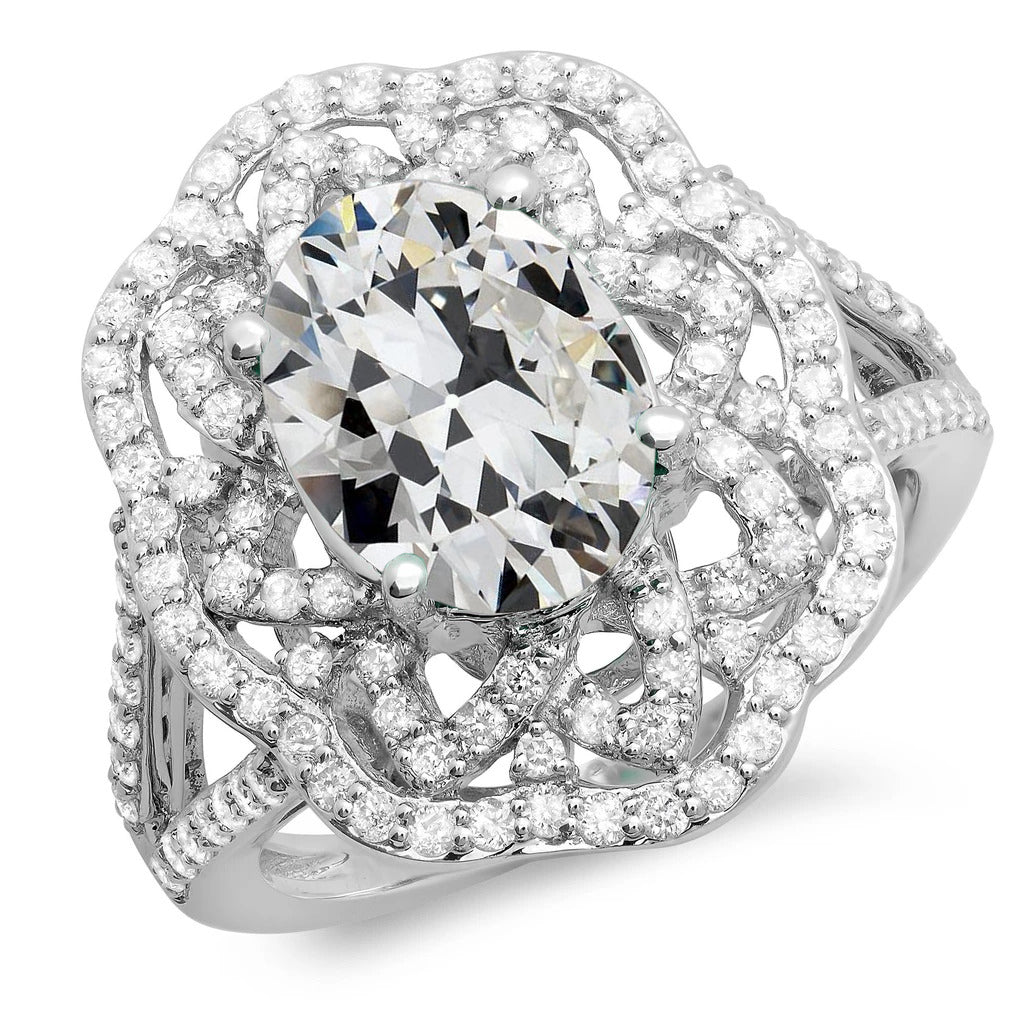 Halo Oval Old Mine Cut Large Lab Grown Diamond Ring Flower Split Shank 15 Carats