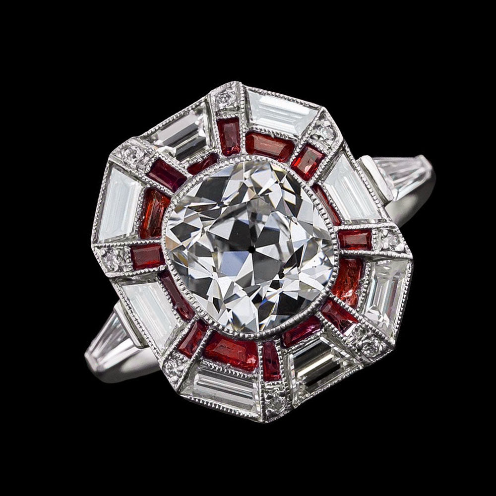 Halo Ring Baguette Ruby & Old Miner Cushion Diamond