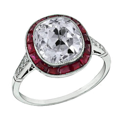 Halo Ring Old Cut Cushion Diamond & Rubies Bezel Set 7.75 Carats