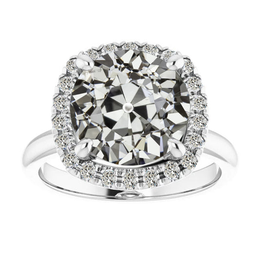 Halo Round Old Mine Cut Large Lab Grown Diamond Ring Prong Set 14K Gold 11 Carats